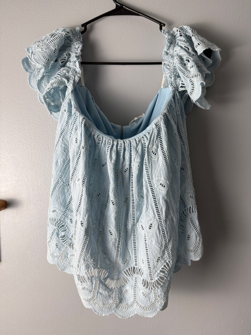Tularosa Light Blue Lace Ruffled Sleeve off shoulder top